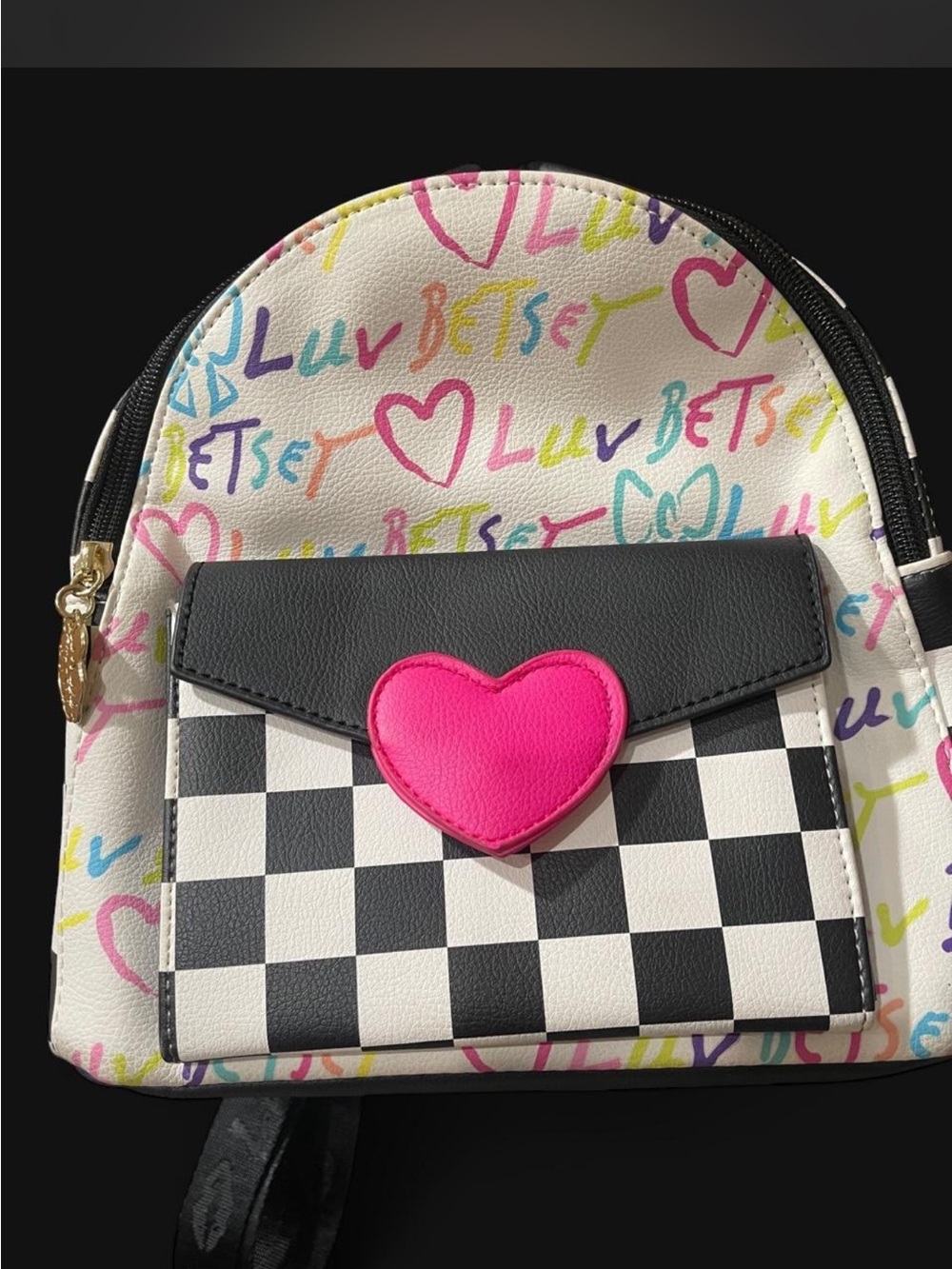 Betsey Johnson White Graffiti Mini Backpack with Black Checker & Hot Pink Heart